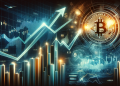 Financial market concept with rising graph, US dollar symbol, Bitcoin icon, and inflation data charts indicating economic trends.