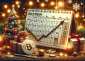 December calendar with Bitcoin price trend graph and festive holiday decorations symbolizing anticipation of Bitcoin's performance.