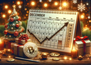 December calendar with Bitcoin price trend graph and festive holiday decorations symbolizing anticipation of Bitcoin's performance.